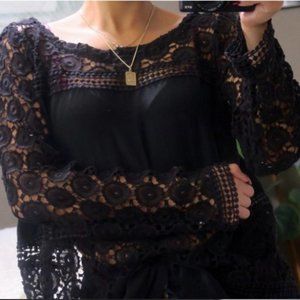 LOVELY!! Johnny Was 4 Love and Liberty BLK Crochet Top-Split Back-Cotton & Silk